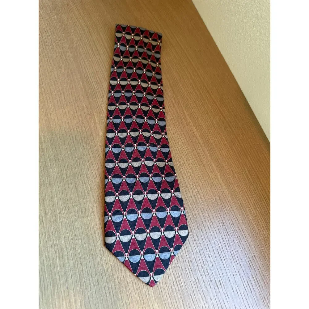 Bachrach Geometric 100% Silk Tie Burgundy Black Gray Tan